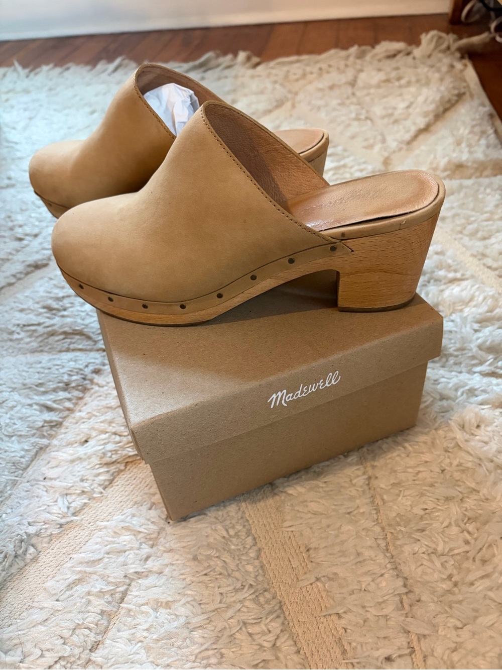 Madewell Tan Leather Clog Mules with Stacked Wood Heel